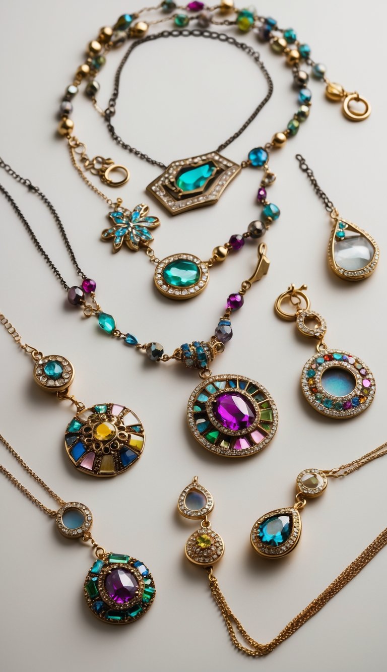An arrangement of broken jewelry pendant necklaces displayed on a neutral surface, showing various fragmented chains and colorful pendants.